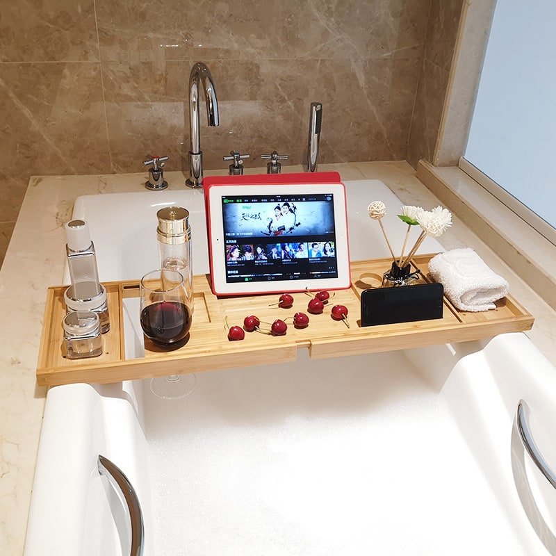 Expandable Bamboo Bath Caddy Tray with Folding Legs Wine Glass Slot and Tablet Stand