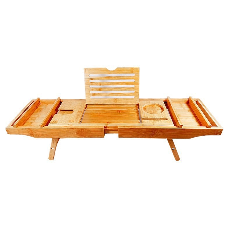 Expandable Bamboo Bath Caddy Tray with Folding Legs Wine Glass Slot and Tablet Stand