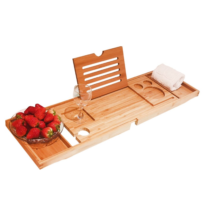 Expandable Bamboo Bath Caddy Tray with Folding Legs Wine Glass Slot and Tablet Stand
