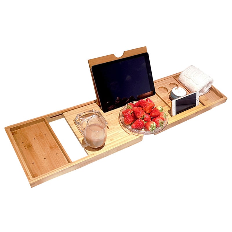 Expandable Bamboo Bath Caddy Tray with Folding Legs Wine Glass Slot and Tablet Stand