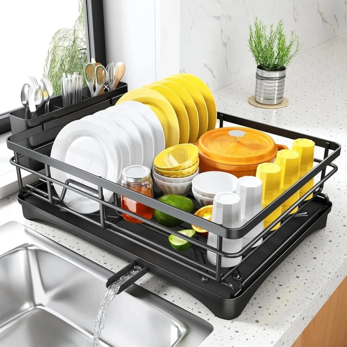 Expandable Dish Drying Rack with Integrated Drip Tray and Over the Sink Extension