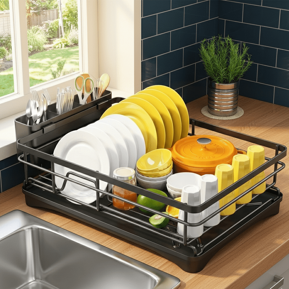 Expandable Dish Drying Rack with Integrated Drip Tray and Over the Sink Extension