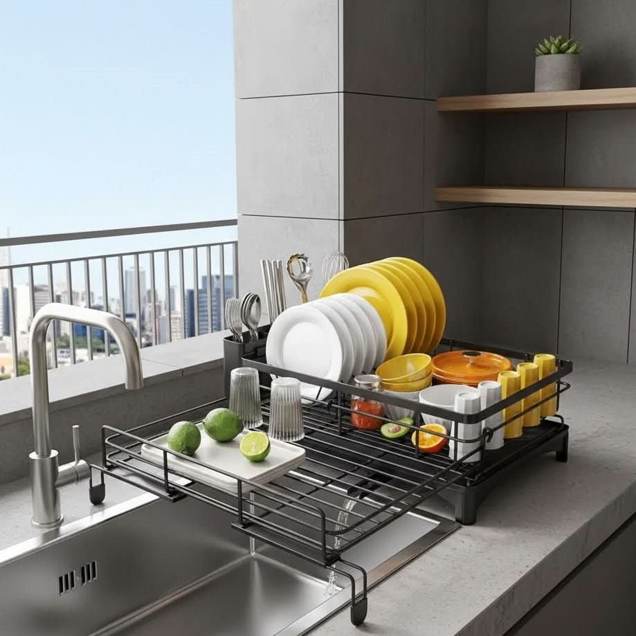 Expandable Dish Drying Rack with Integrated Drip Tray and Over the Sink Extension