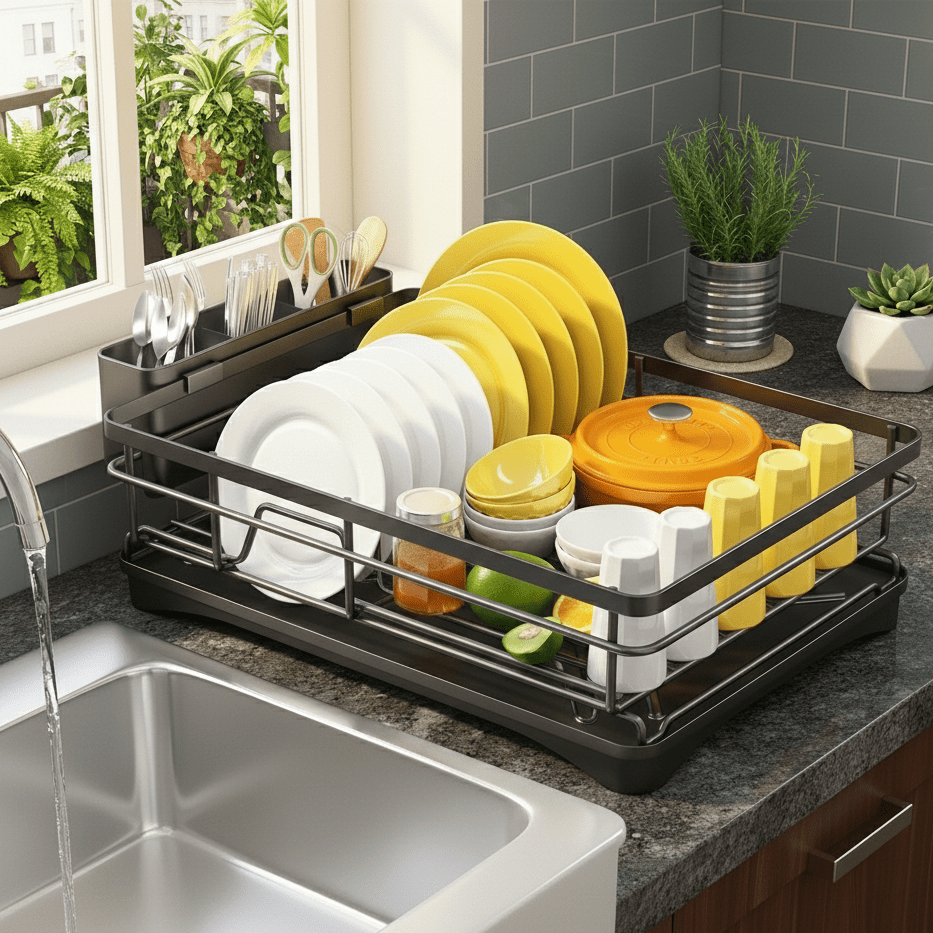 Expandable Dish Drying Rack with Integrated Drip Tray and Over the Sink Extension