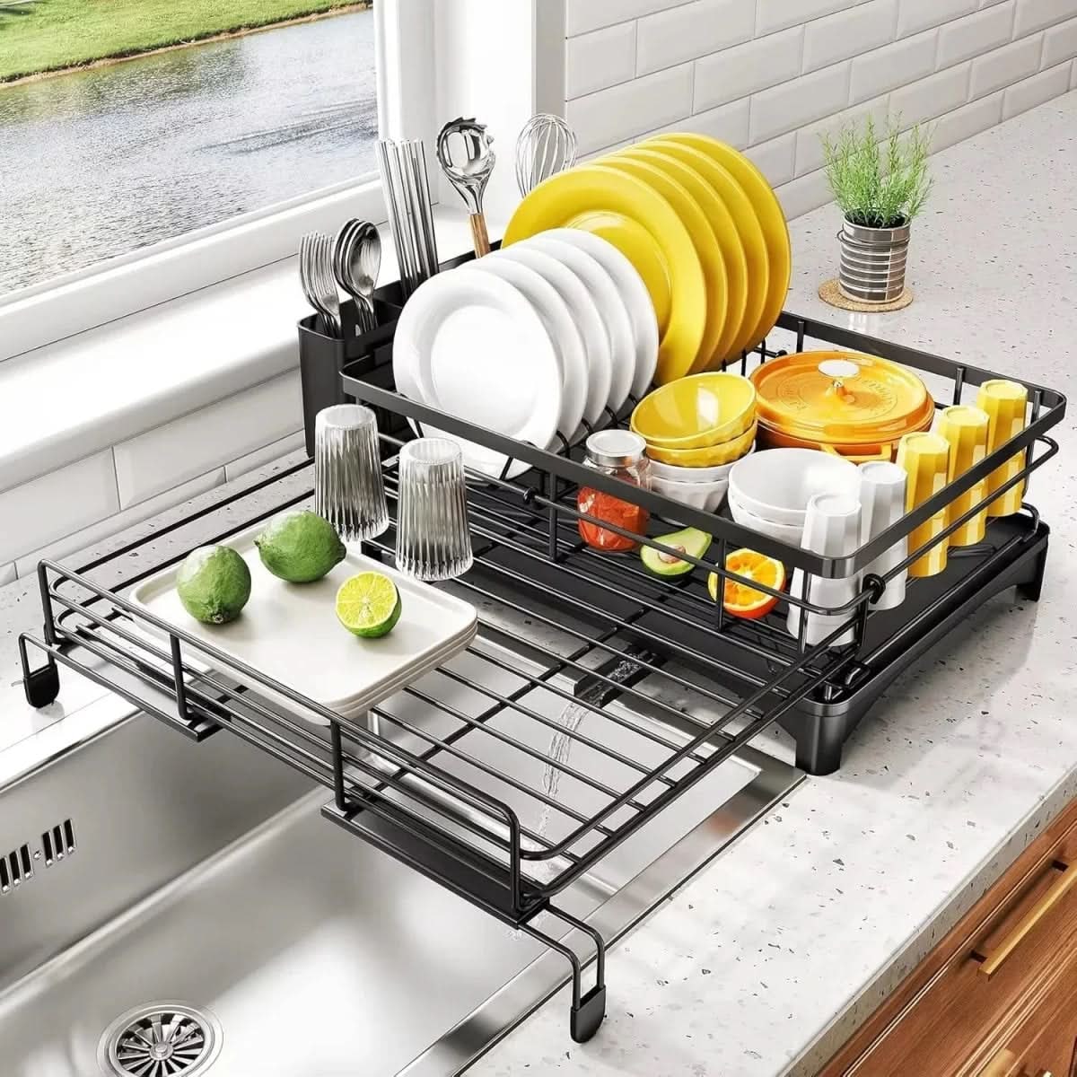 Expandable Dish Drying Rack with Integrated Drip Tray and Over the Sink Extension