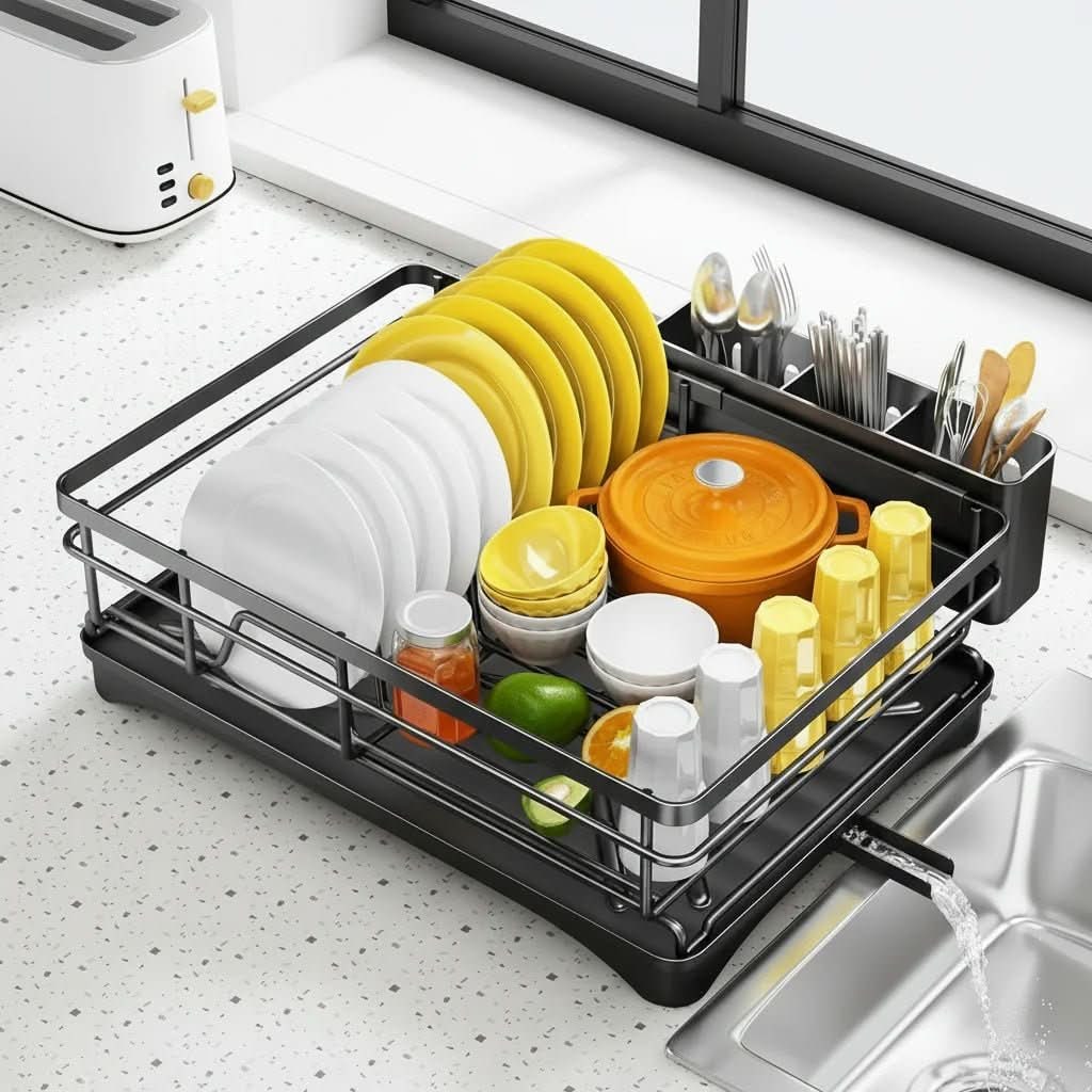 Expandable Dish Drying Rack with Integrated Drip Tray and Over the Sink Extension