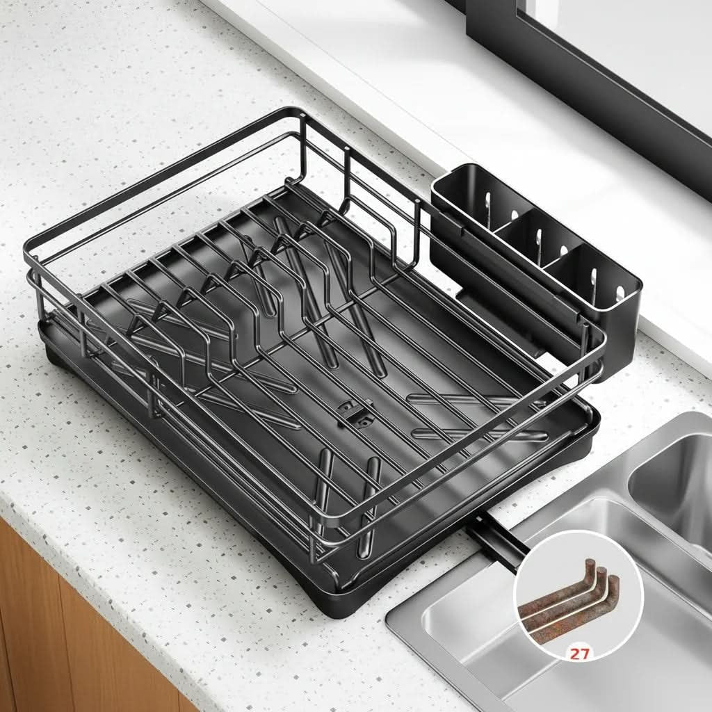 Expandable Dish Drying Rack with Integrated Drip Tray and Over the Sink Extension