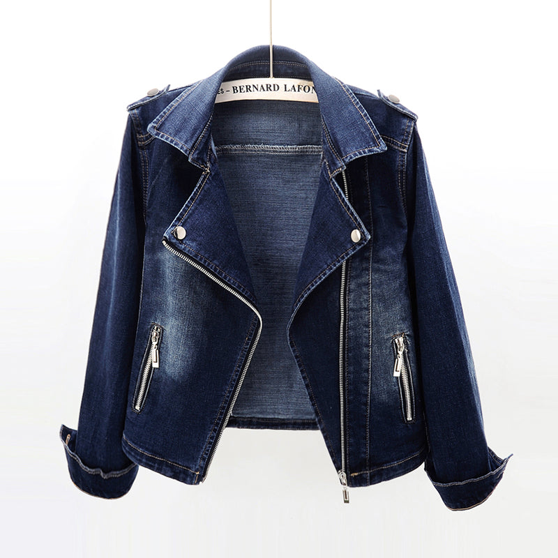Women’s Fitted Denim Biker Jacket with Asymmetric Zip and Notched Lapels – Cropped Stretch Outerwear for Spring and Autumn Casual Styling