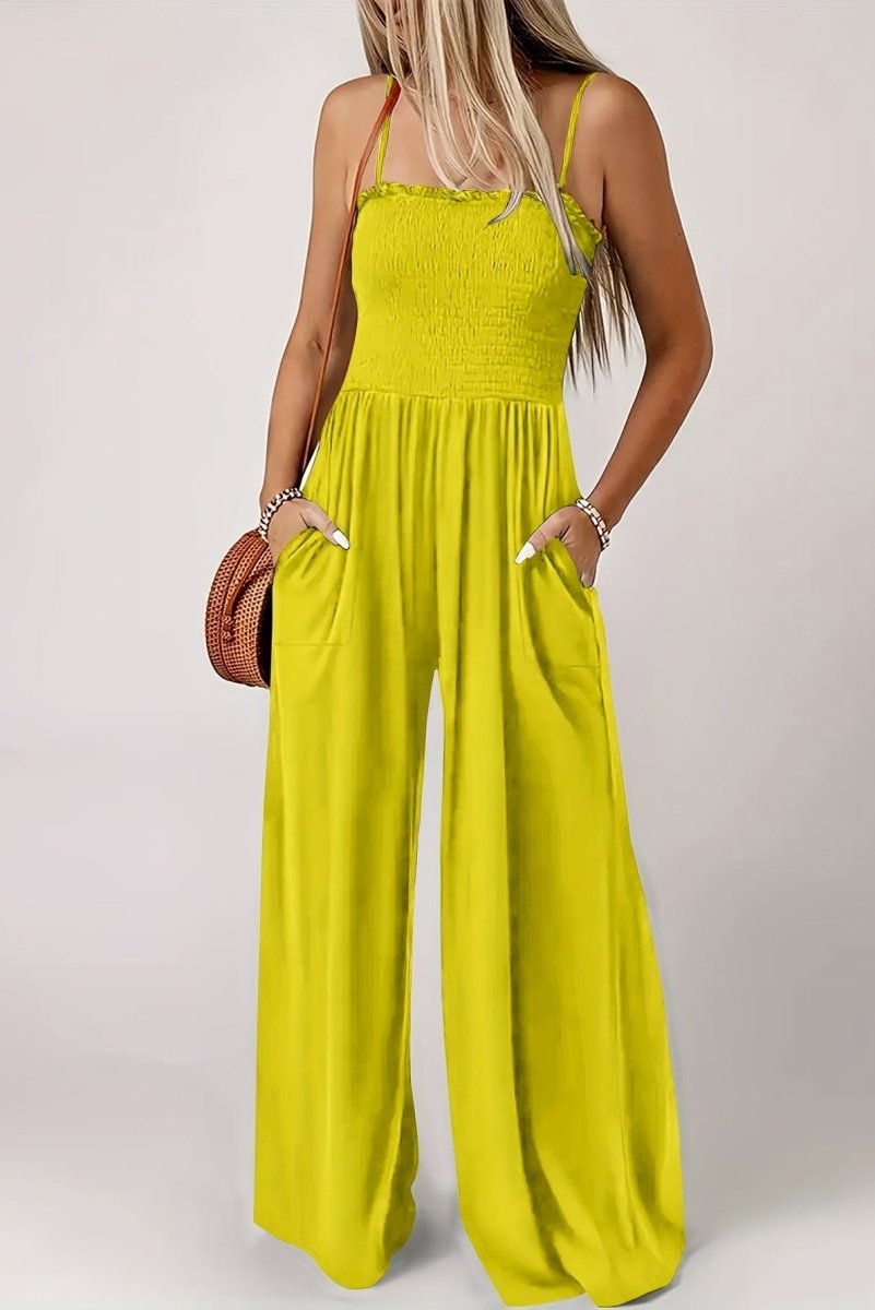 Women's Shirred Wide-Leg Jumpsuit with Spaghetti Straps – Relaxed Summer One-Piece for Holidays and Casual Wear
