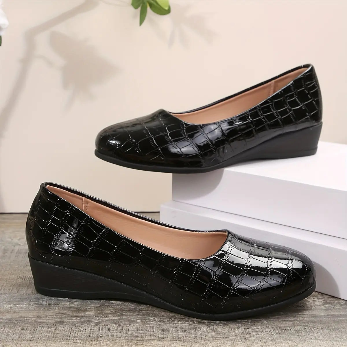 Women's Patent Wedge Shoes Croc-Effect Slip-On