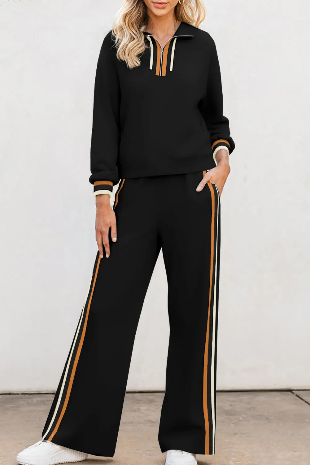 Women's Half-Zip Knitted Jumper and Wide-Leg Trousers Set – Elegant Relaxed Two-Piece Co-Ord for Autumn and Winter Casual Wear