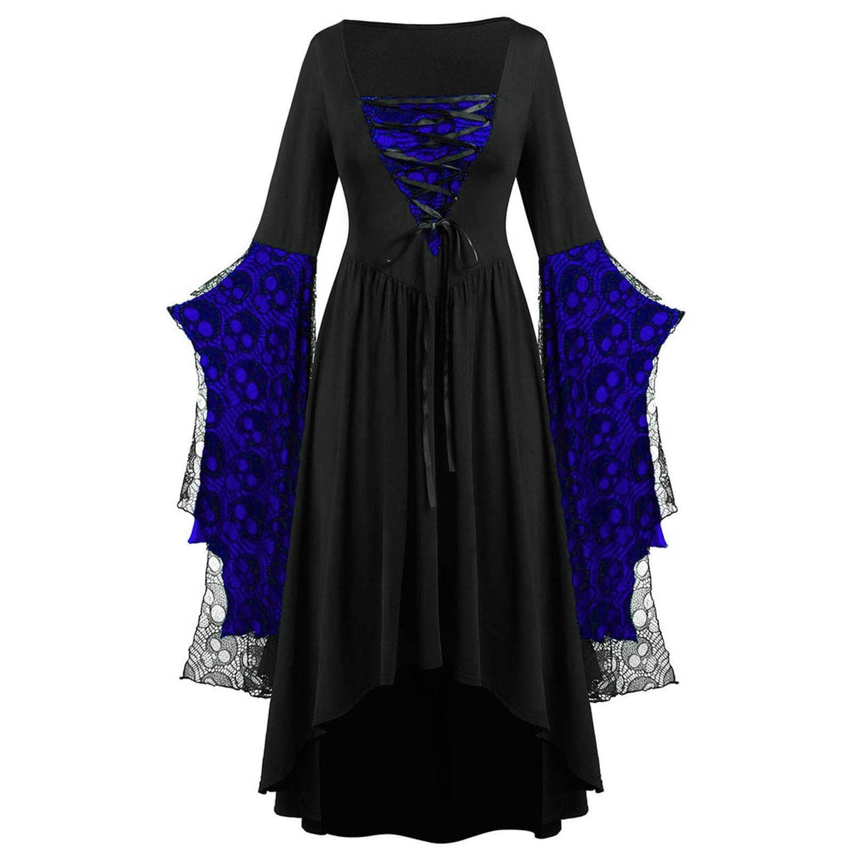 Women's Lace Sleeve High-Low Maxi Dress – Square Neck Lace Up Evening Dress for Themed Parties and Special Occasions