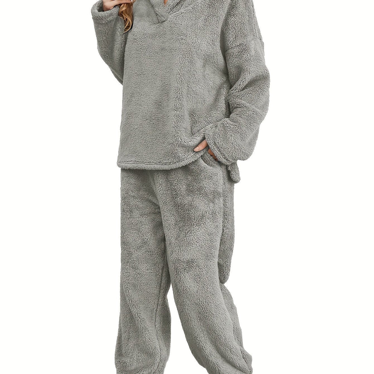 Women's Fleece Loungewear Set Shawl Collar Hoodie Trousers