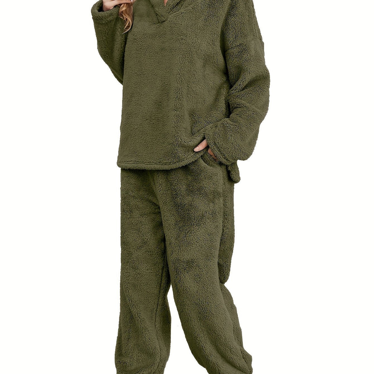 Women's Fleece Loungewear Set Shawl Collar Hoodie Trousers