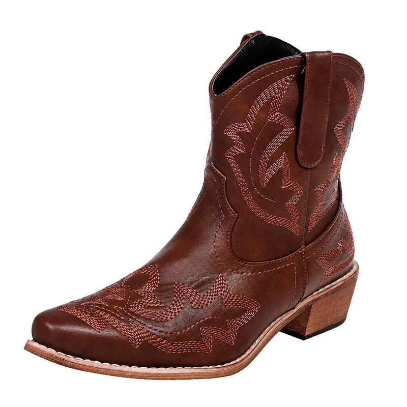 Faustine - Women’s Embroidered Western Pointed Toe Ankle Boots