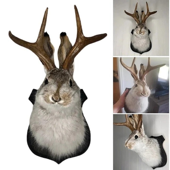Faux Taxidermy Jackalope Head Wall Mount with Wooden Plaque