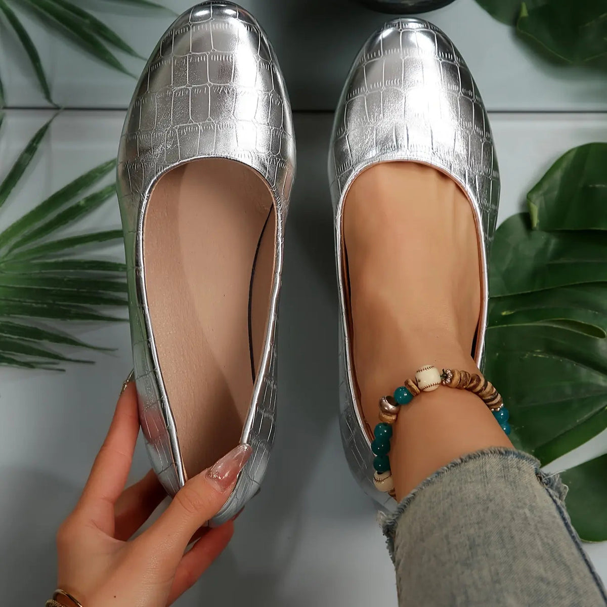 Women's Patent Wedge Shoes Croc-Effect Slip-On