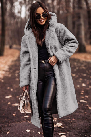 Women's Hooded Longline Teddy Coat with Button Front