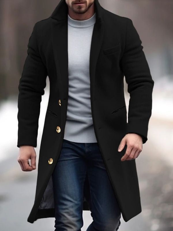 Weston | Men's Long Wool Blend Winter Coat Lapel Collar Button Overcoat