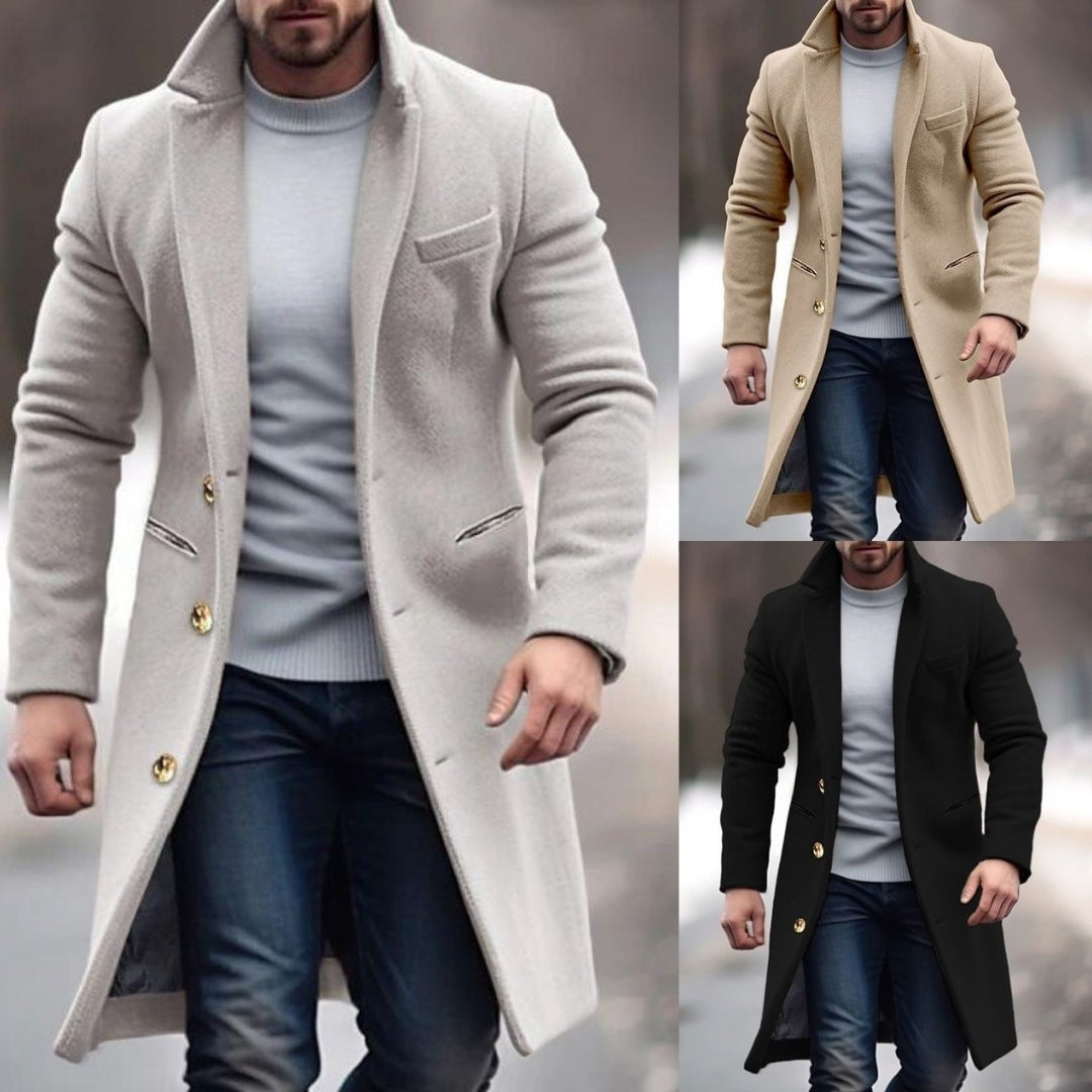 Weston | Men's Long Wool Blend Winter Coat Lapel Collar Button Overcoat