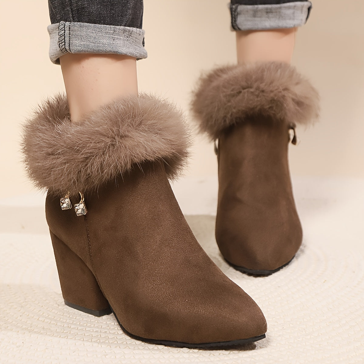 Women's Faux-Fur Trim Ankle Boots Block Heel Side Zip