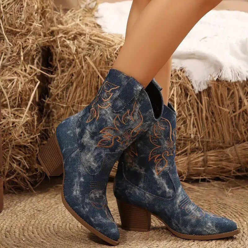 Fiona - Women's Embroidered Denim Western Ankle Boots
