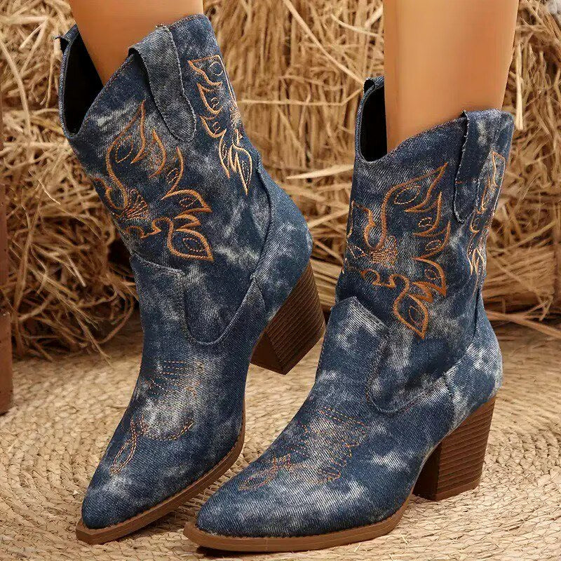 Fiona - Women's Embroidered Denim Western Ankle Boots