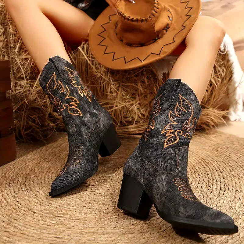 Fiona - Women's Embroidered Denim Western Ankle Boots