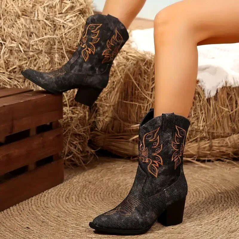 Fiona - Women's Embroidered Denim Western Ankle Boots