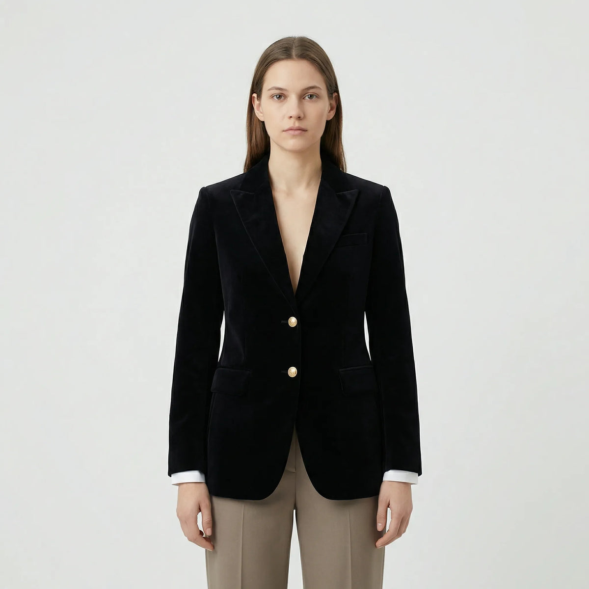Fitted Velvet Blazer with Gold Buttons