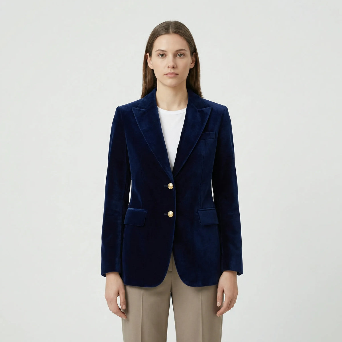 Fitted Velvet Blazer with Gold Buttons