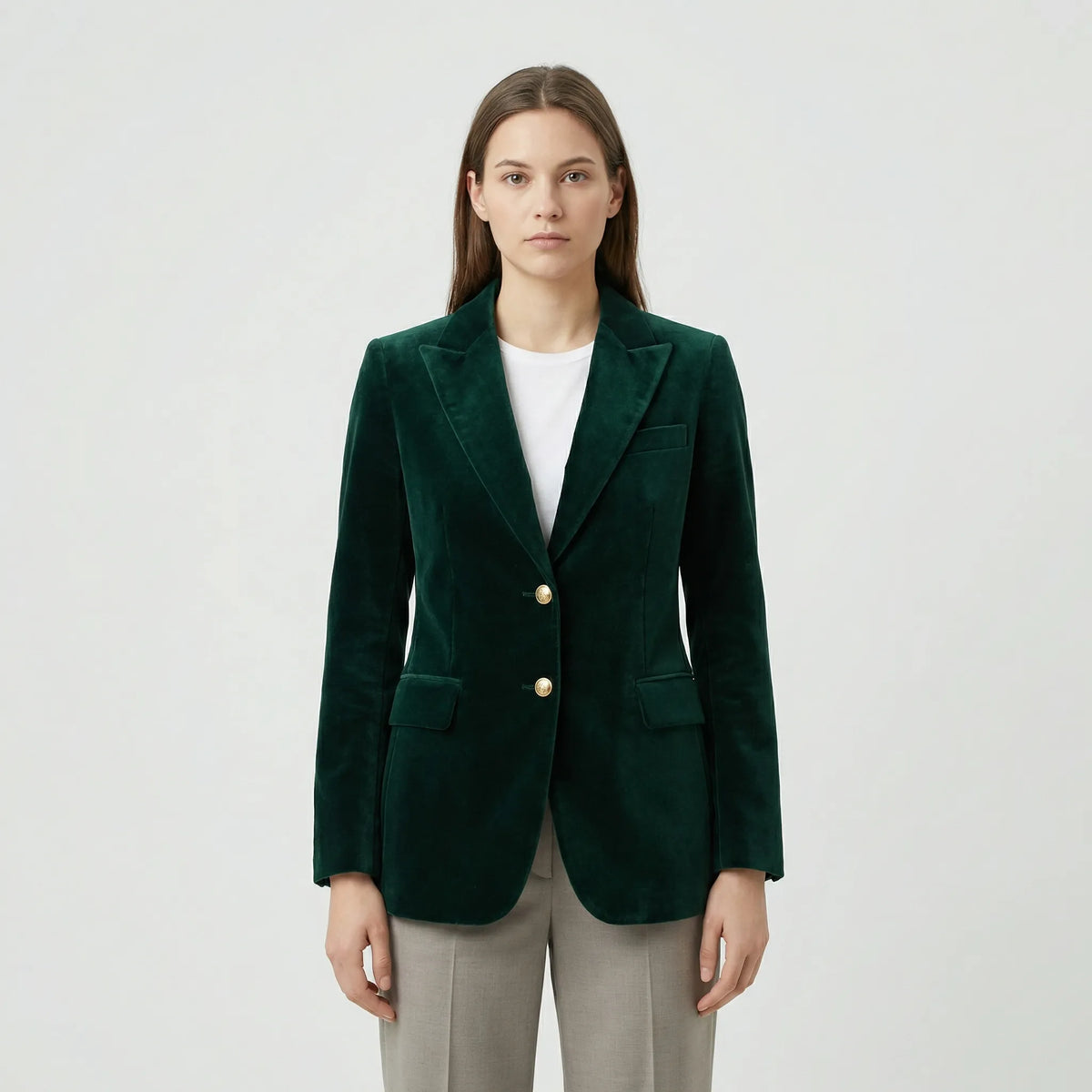 Fitted Velvet Blazer with Gold Buttons