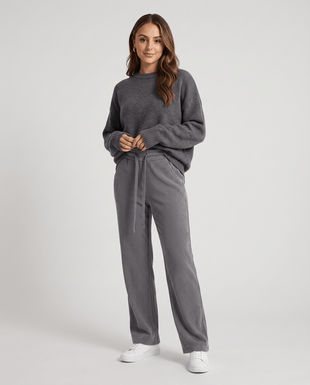 Fleece-Lined Corduroy Wide-Leg Pants – High-Waisted, Drawstring & Side Pockets | Chloe