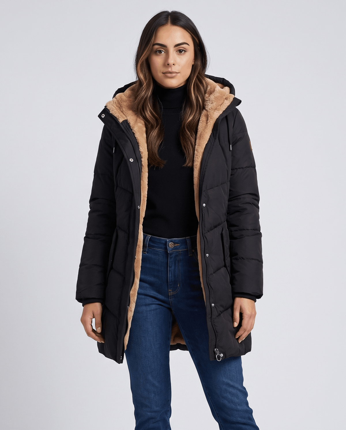 Fleece-Lined Long Quilted Parka – Hooded, Full-Zip & Snap Placket | Willow