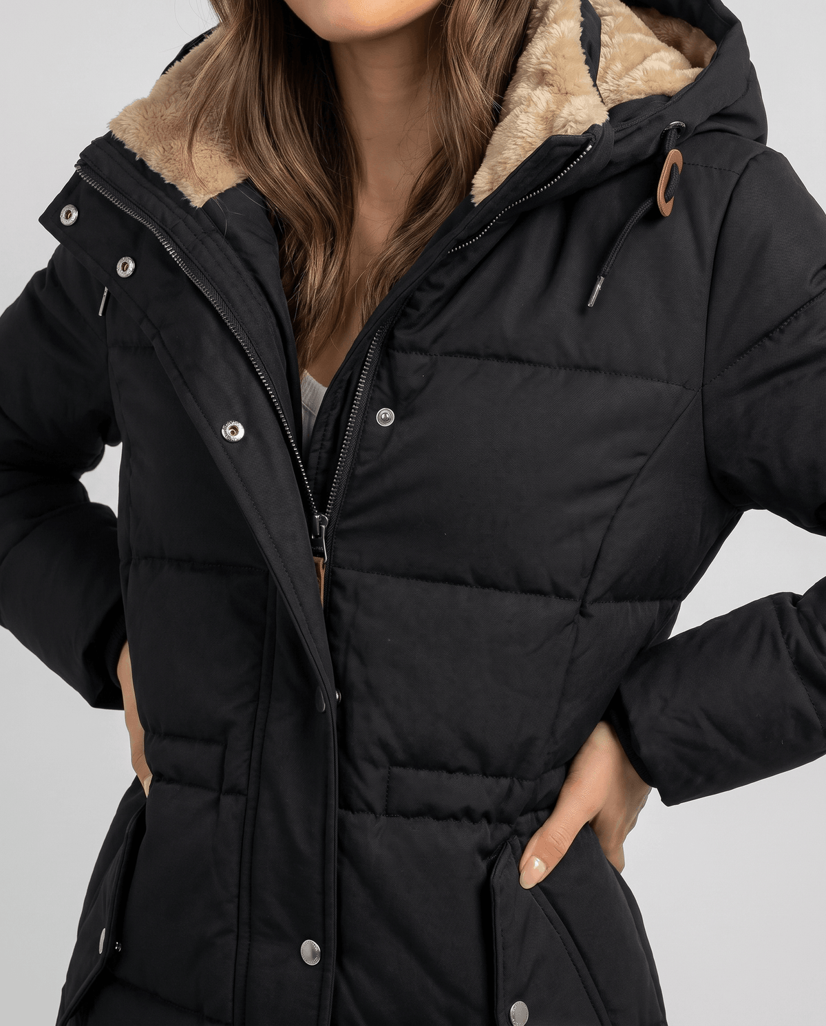 Fleece-Lined Long Quilted Parka – Hooded, Full-Zip & Snap Placket | Willow