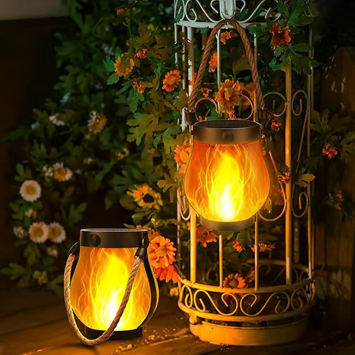 Flickering Flame Solar Light Lantern with Rope Handle for Outdoor Hanging