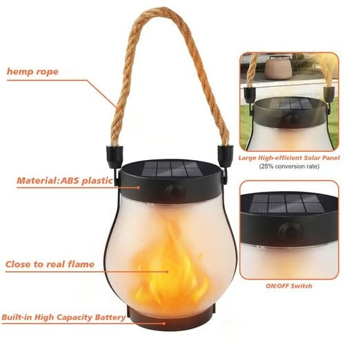 Flickering Flame Solar Light Lantern with Rope Handle for Outdoor Hanging