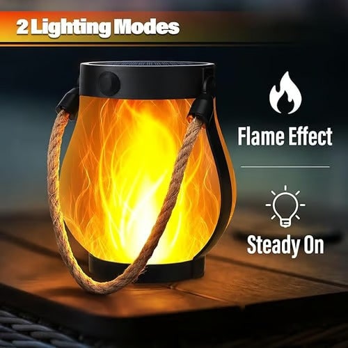 Flickering Flame Solar Light Lantern with Rope Handle for Outdoor Hanging