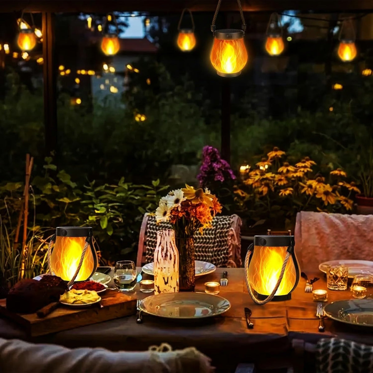 Flickering Flame Solar Light Lantern with Rope Handle for Outdoor Hanging