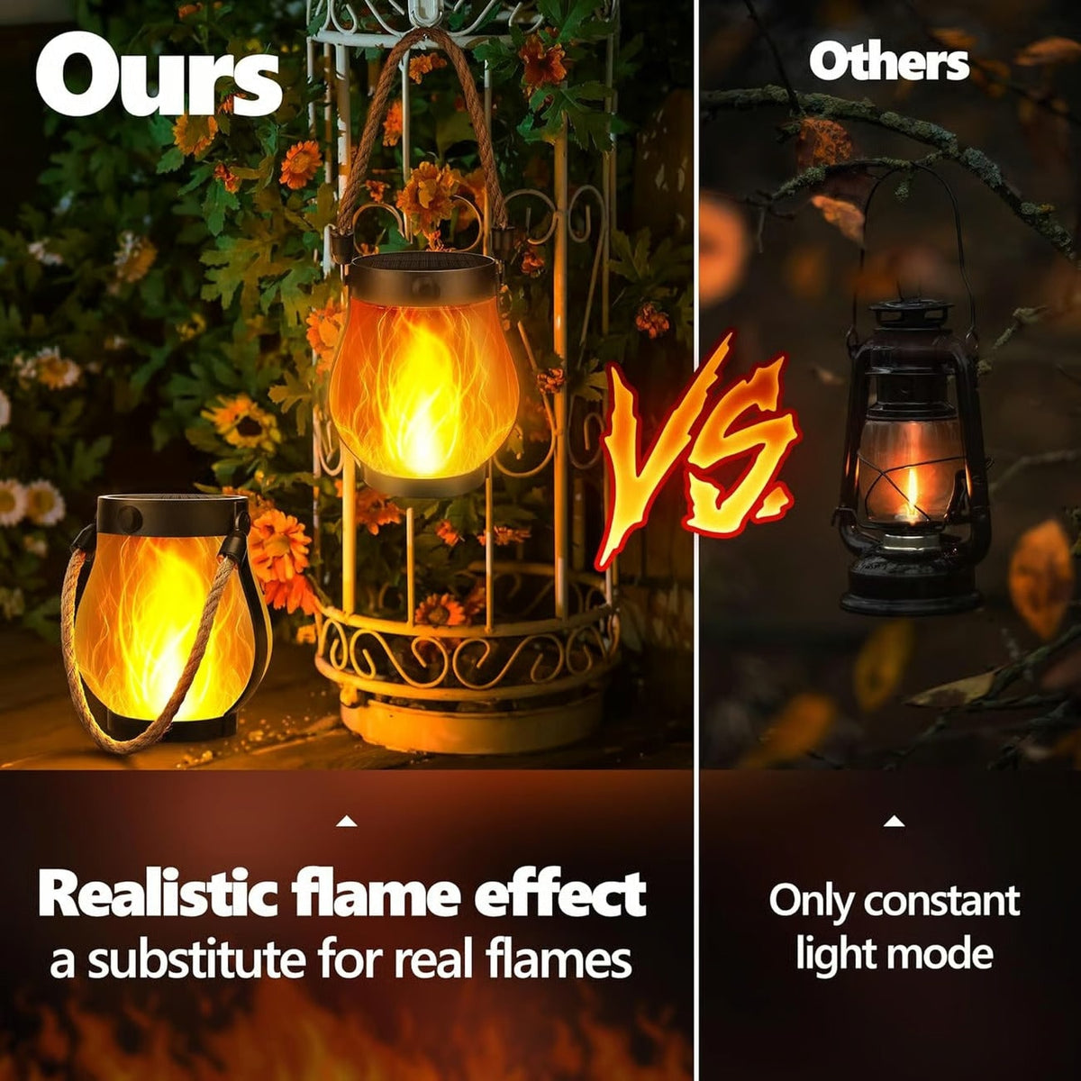 Flickering Flame Solar Light Lantern with Rope Handle for Outdoor Hanging