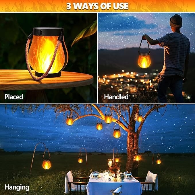Flickering Flame Solar Light Lantern with Rope Handle for Outdoor Hanging