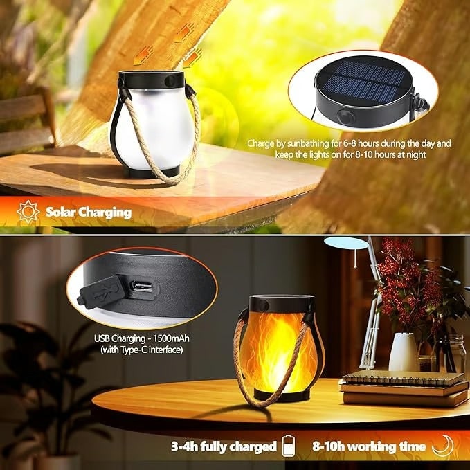 Flickering Flame Solar Light Lantern with Rope Handle for Outdoor Hanging