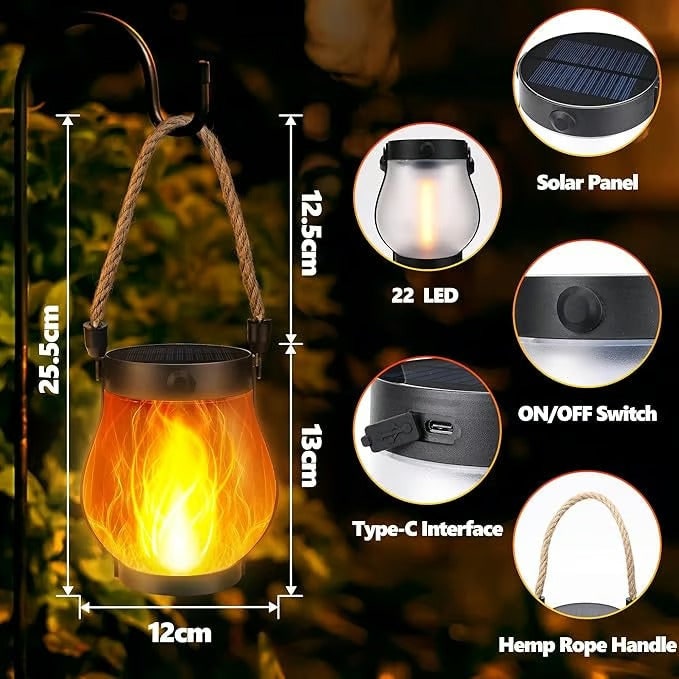 Flickering Flame Solar Light Lantern with Rope Handle for Outdoor Hanging