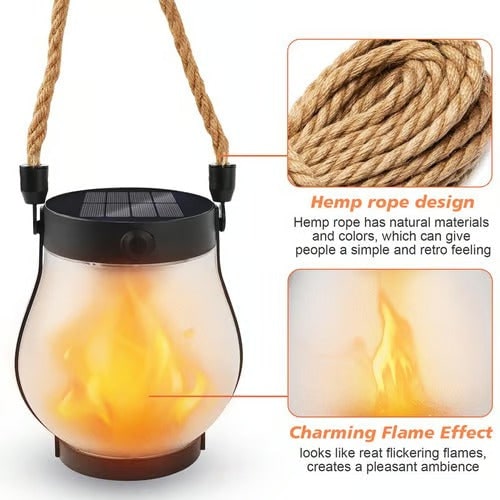 Flickering Flame Solar Light Lantern with Rope Handle for Outdoor Hanging