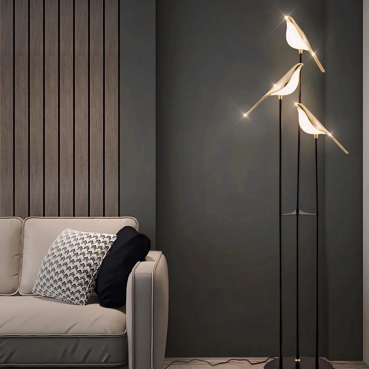 Floor Lamp | Bird-Inspired 3-Head Integrated LED & Gold Accents