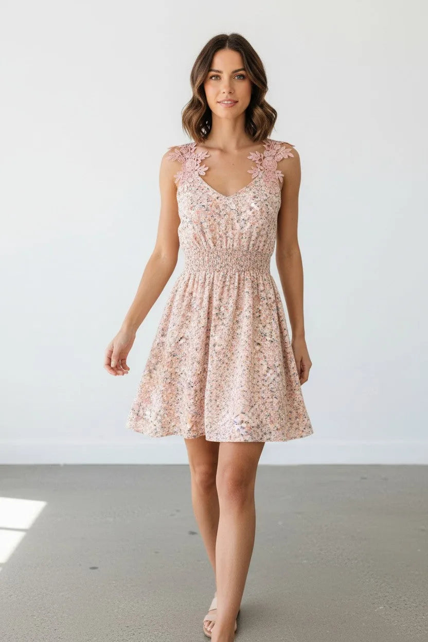 Women’s Floral Mini Dress with Lace Appliqué Straps
