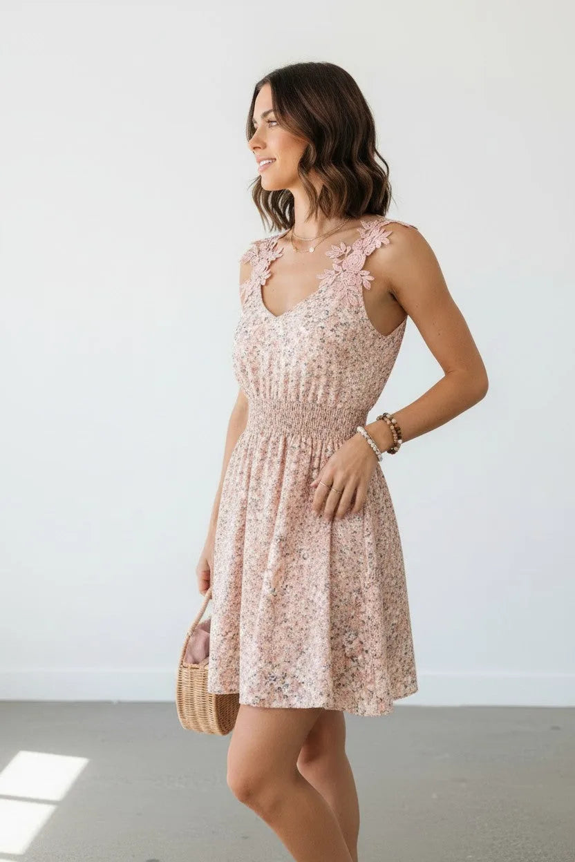 Women’s Floral Mini Dress with Lace Appliqué Straps
