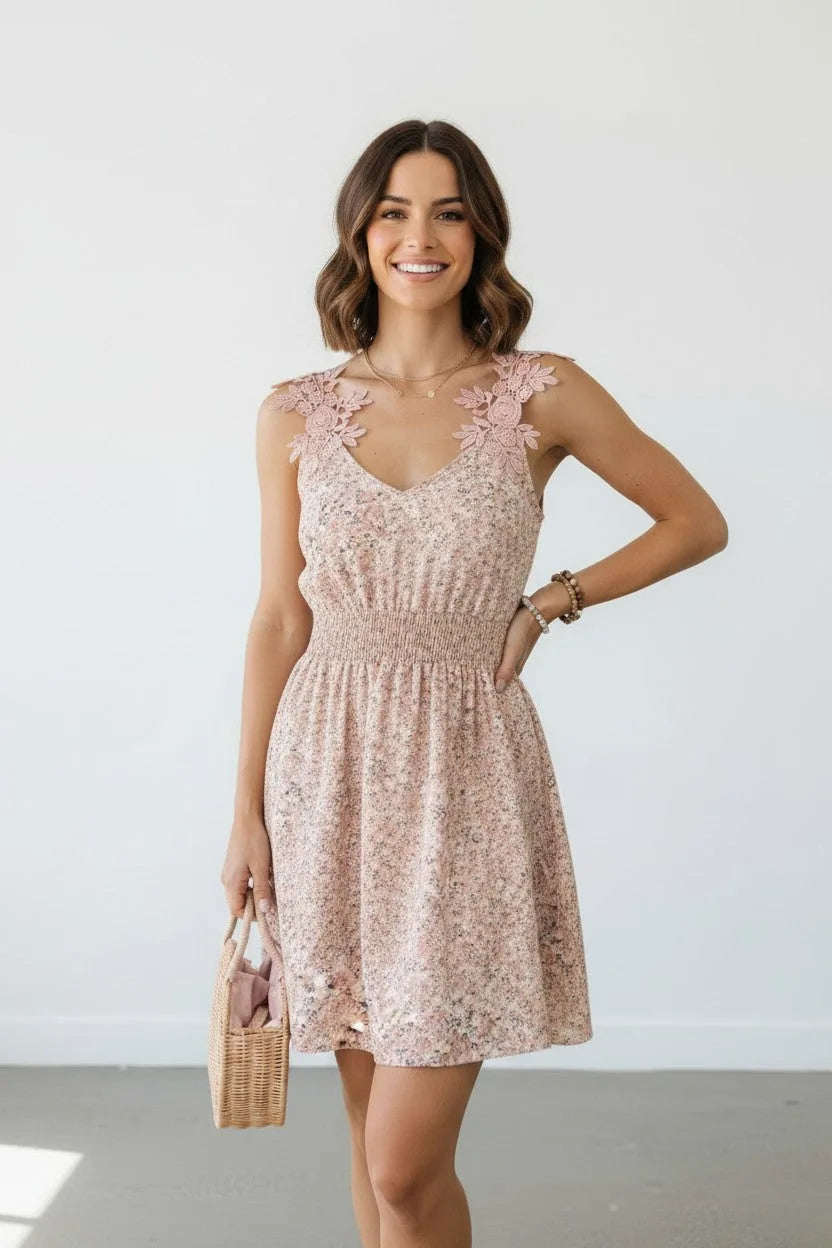 Women’s Floral Mini Dress with Lace Appliqué Straps