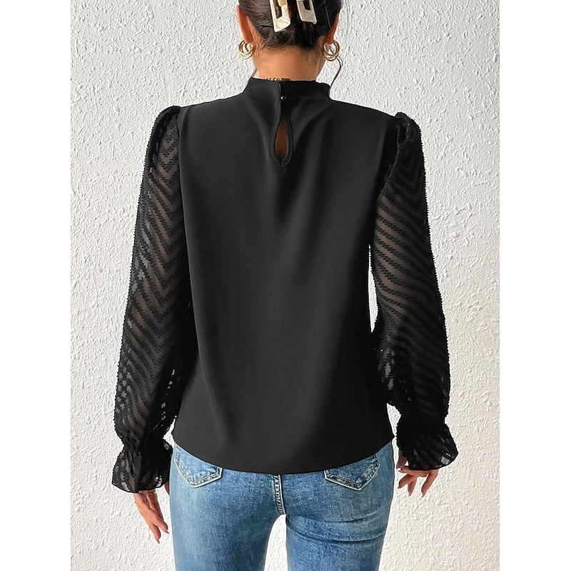 Women's High-Neck Blouse with Textured Sleeves