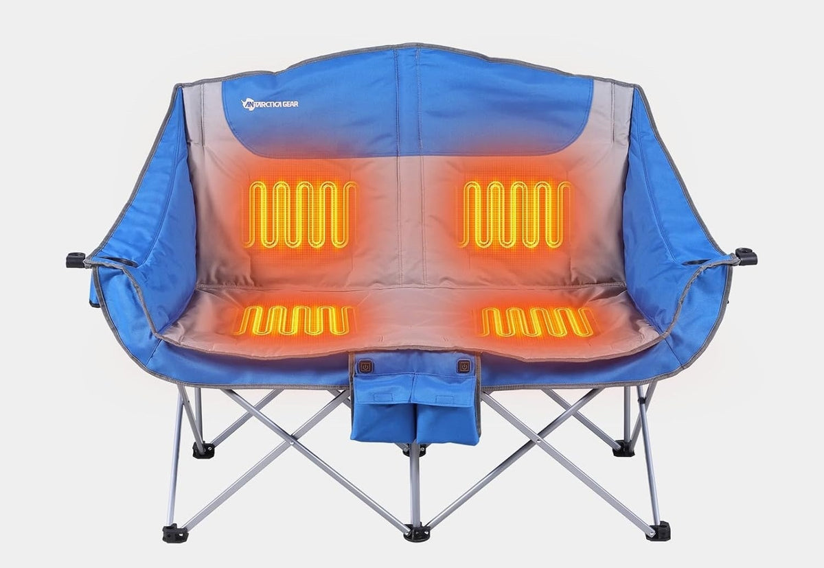 Foldable Double Collapsible Camping Chair with Heated Battery Pack and Cup Holder